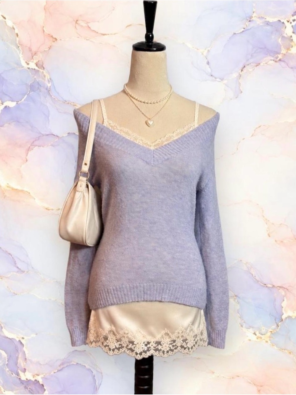 New York & Company Lavender Wool Blend Off Shoulder V Neck Sweater XS